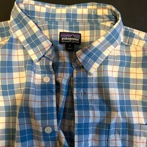 Patagonia Organic Cotton Button Down. Teal and some orange plaid pattern.